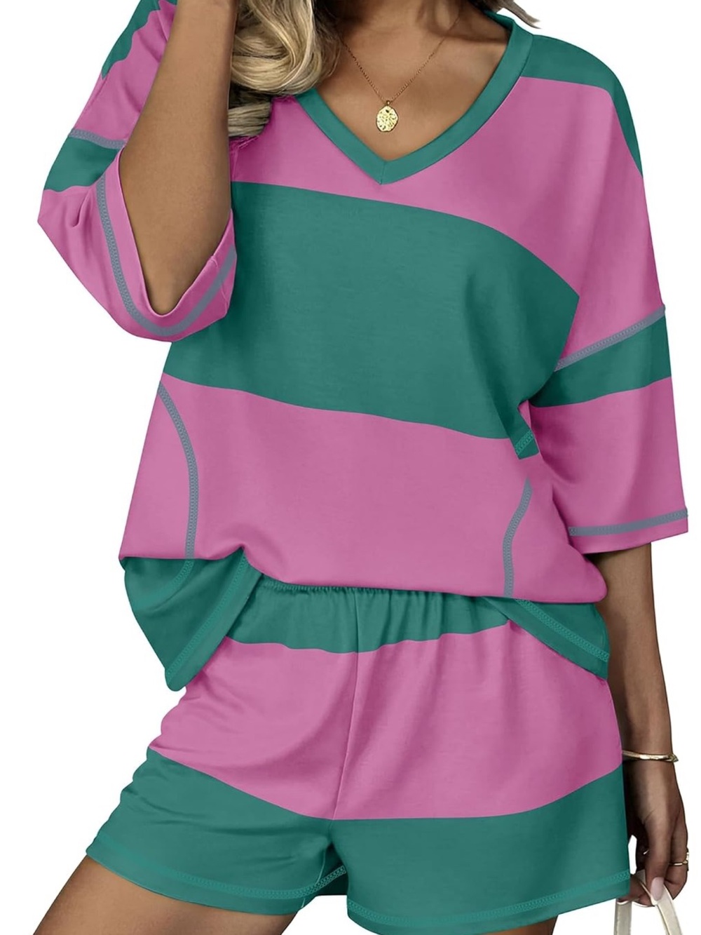 Striped V-Neck Short Pajama Set in Pink & Teal